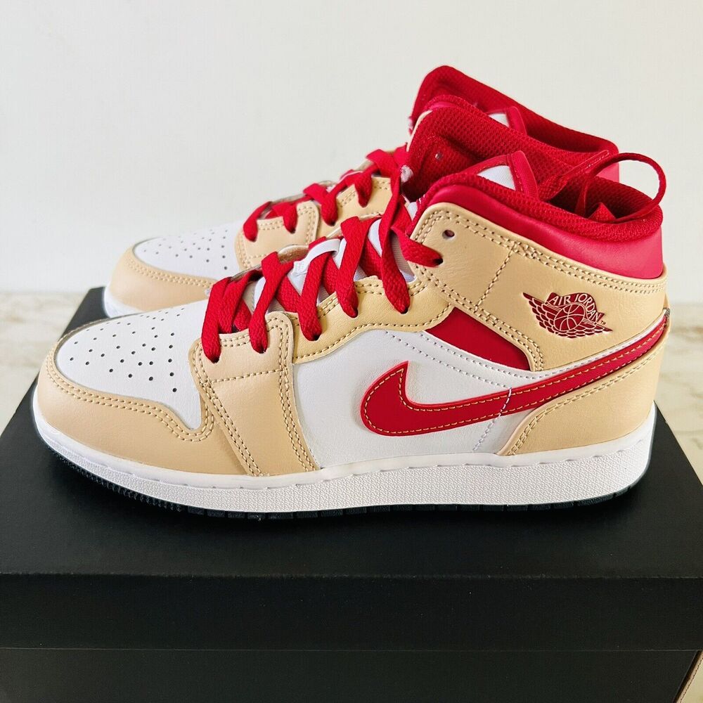 NIKE Air Jordan 1 Mid White Onyx/White/Cardinal Red/Light Curry - M 5.5 Y (7 W)